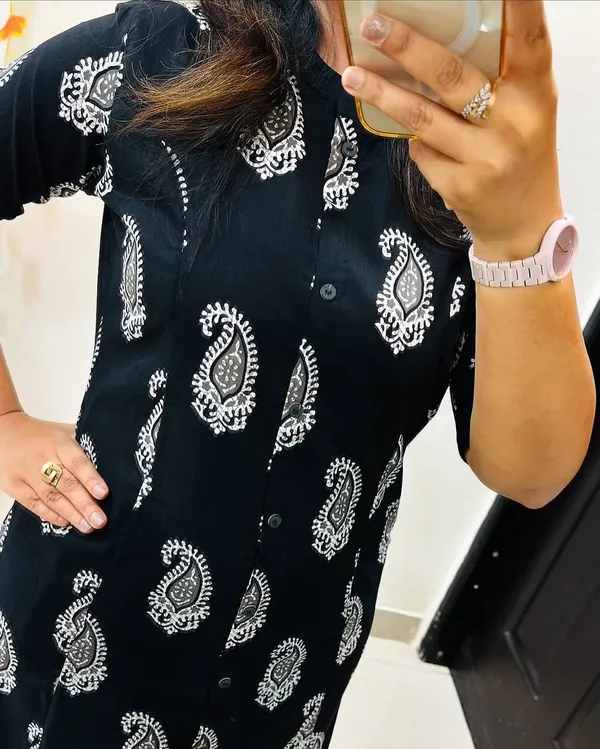 Black_Floral_Cotton_Kurta_Palazzo_Co-Ord_Set_A-Line_Kurta_With_3/4Th_Sleeves_&_Matching_Pants_Summer_Ethnic Wear For Women