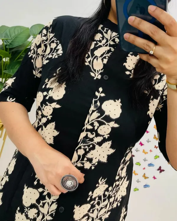 Black_Floral_Cotton_Kurta_Palazzo_Co-Ord_Set_A-Line_Kurta_With_3/4Th_Sleeves_&_Matching_Pants_Summer_Ethnic Wear For Women