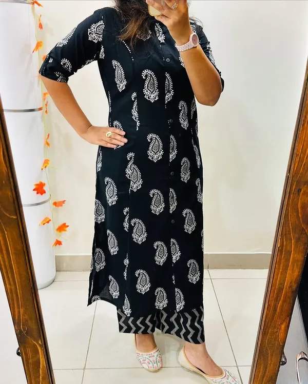Black_Floral_Cotton_Kurta_Palazzo_Co-Ord_Set_A-Line_Kurta_With_3/4Th_Sleeves_&_Matching_Pants_Summer_Ethnic Wear For Women