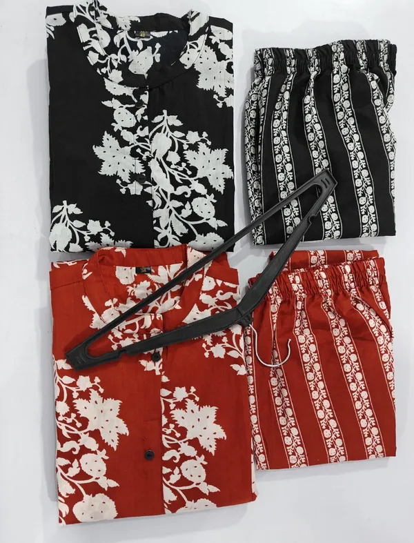 Black_Floral_Cotton_Kurta_Palazzo_Co-Ord_Set_A-Line_Kurta_With_3/4Th_Sleeves_&_Matching_Pants_Summer_Ethnic Wear For Women