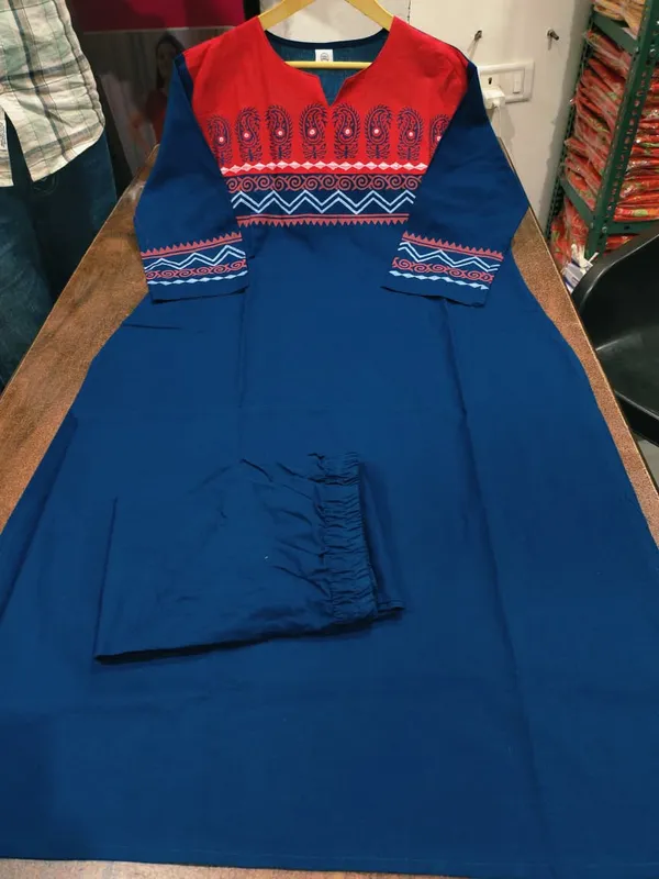Blue_Floral_Cotton_Kurta_Palazzo_Co-Ord_Set_A-Line_Kurta_With_3/4Th_Sleeves_&_Matching_Pants_Summer_Ethnic Wear For Women