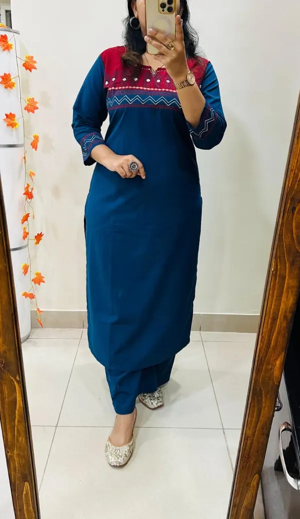 Blue_Floral_Cotton_Kurta_Palazzo_Co-Ord_Set_A-Line_Kurta_With_3/4Th_Sleeves_&_Matching_Pants_Summer_Ethnic Wear For Women