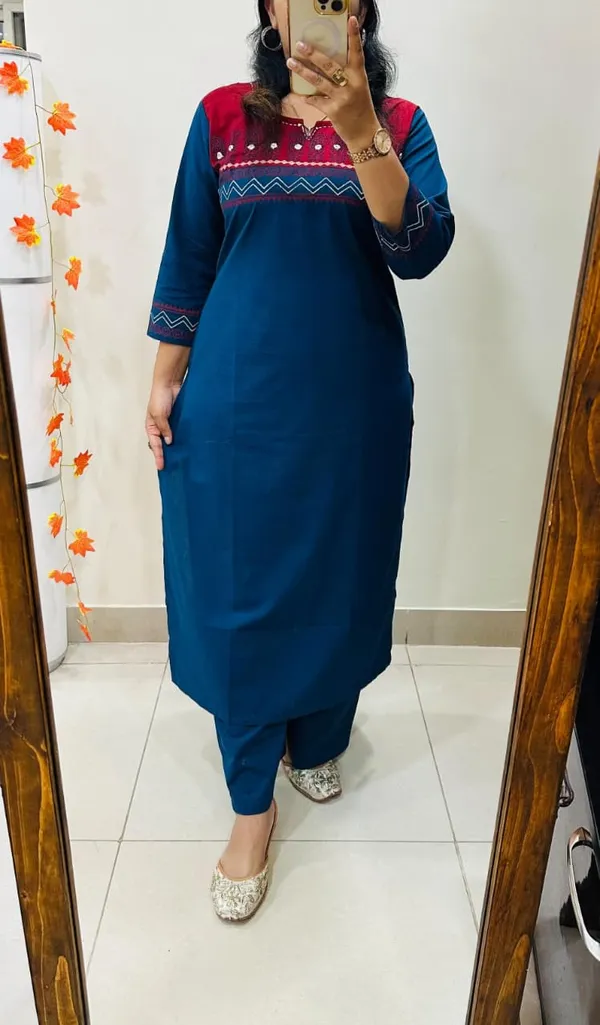 Blue_Floral_Cotton_Kurta_Palazzo_Co-Ord_Set_A-Line_Kurta_With_3/4Th_Sleeves_&_Matching_Pants_Summer_Ethnic Wear For Women
