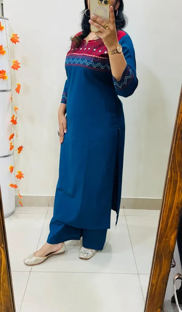 Blue_Floral_Cotton_Kurta_Palazzo_Co-Ord_Set_A-Line_Kurta_With_3/4Th_Sleeves_&_Matching_Pants_Summer_Ethnic Wear For Women