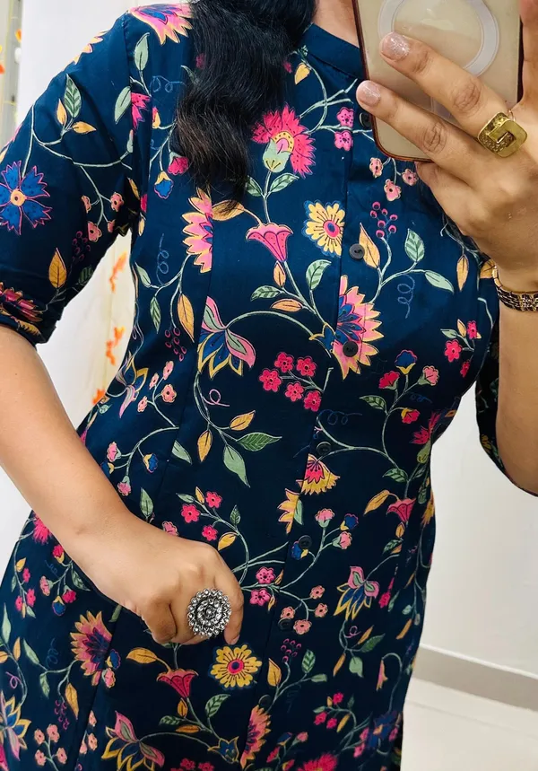 Blue_Floral_Cotton_Kurta_Palazzo_Co-Ord_Set_A-Line_Kurta_With_3/4Th_Sleeves_&_Matching