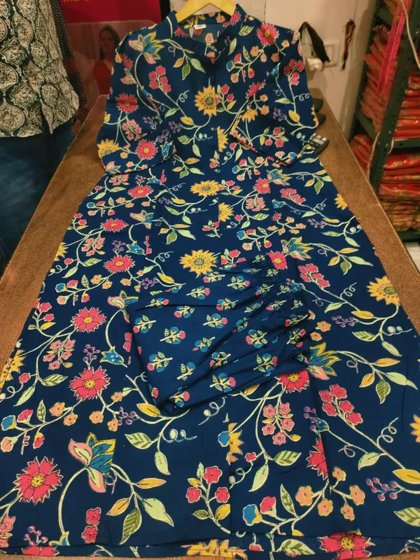 Blue_Floral_Cotton_Kurta_Palazzo_Co-Ord_Set_A-Line_Kurta_With_3/4Th_Sleeves_&_Matching