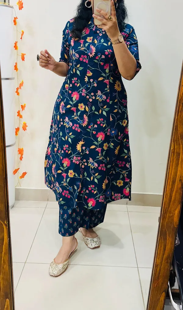 Blue_Floral_Cotton_Kurta_Palazzo_Co-Ord_Set_A-Line_Kurta_With_3/4Th_Sleeves_&_Matching