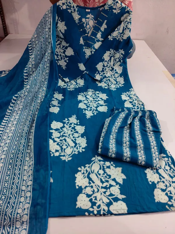 Blue__Kurti_with_Pant_with_cotton_100-100_Dupatta🌹🌹