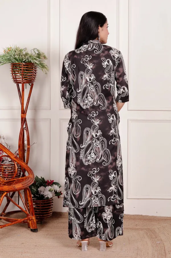 Brown_Floral_Cotton_Kurta_Palazzo_Co-Ord_Set_A-Line_Kurta_With_3/4Th_Sleeves_&_Matching_Pants_Summer_Ethnic Wear For Women