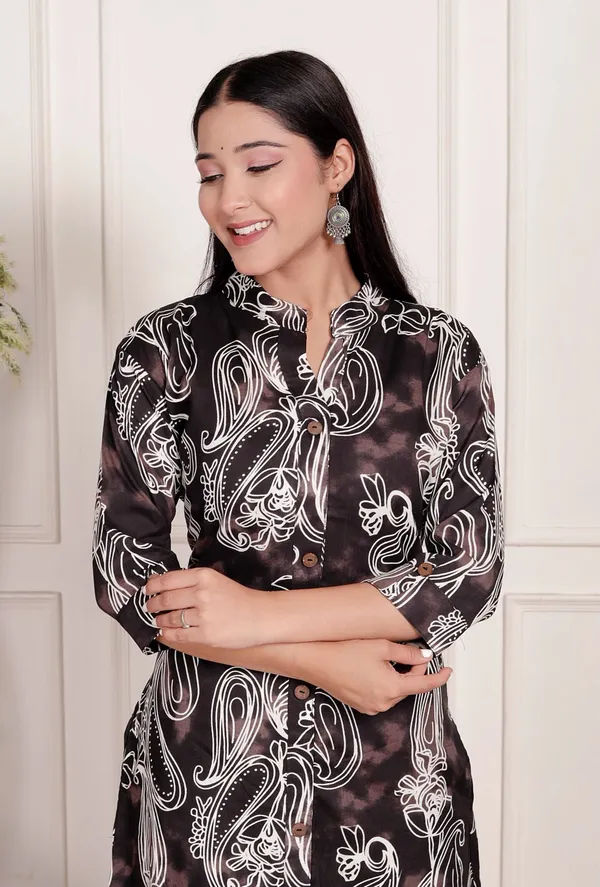 Brown_Floral_Cotton_Kurta_Palazzo_Co-Ord_Set_A-Line_Kurta_With_3/4Th_Sleeves_&_Matching_Pants_Summer_Ethnic Wear For Women