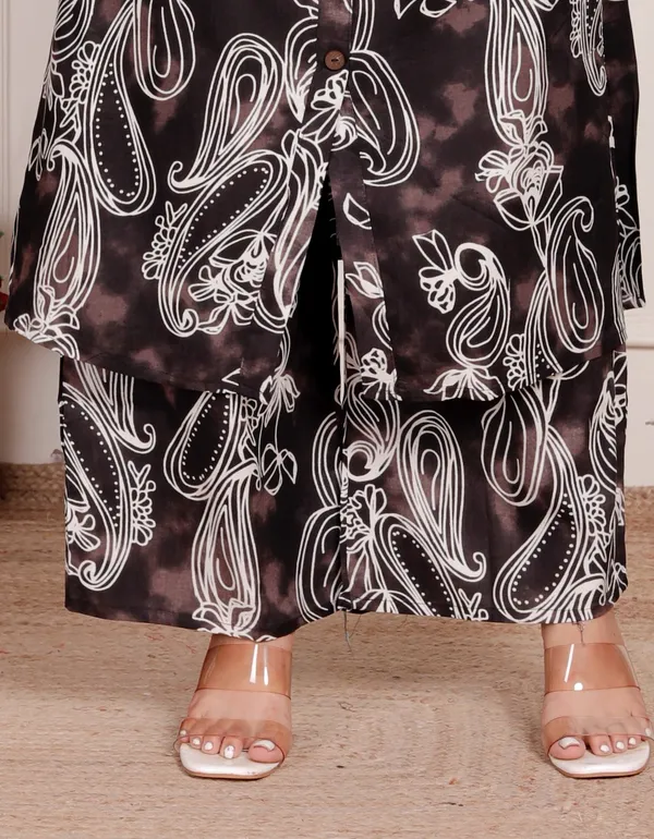 Brown_Floral_Cotton_Kurta_Palazzo_Co-Ord_Set_A-Line_Kurta_With_3/4Th_Sleeves_&_Matching_Pants_Summer_Ethnic Wear For Women