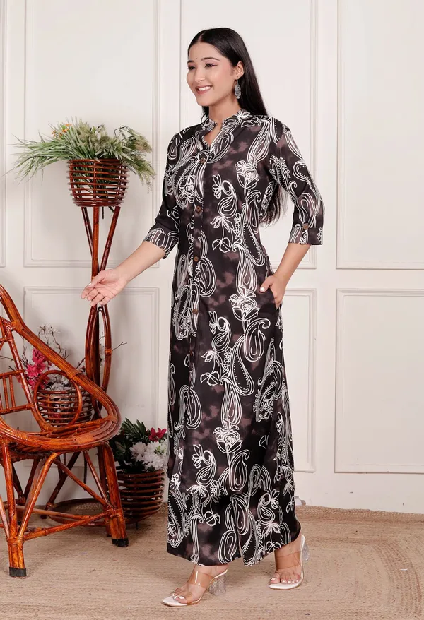 Brown_Floral_Cotton_Kurta_Palazzo_Co-Ord_Set_A-Line_Kurta_With_3/4Th_Sleeves_&_Matching_Pants_Summer_Ethnic Wear For Women