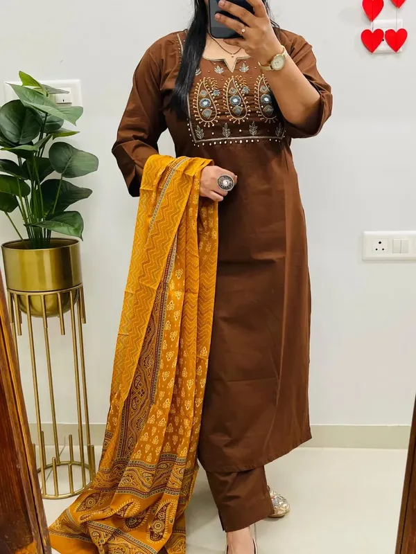 Brown_heavy_embroidery__Kurti_with_Pant_with_cotton