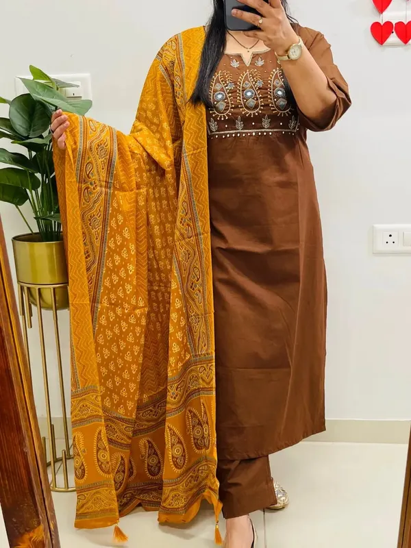 Brown_heavy_embroidery__Kurti_with_Pant_with_cotton