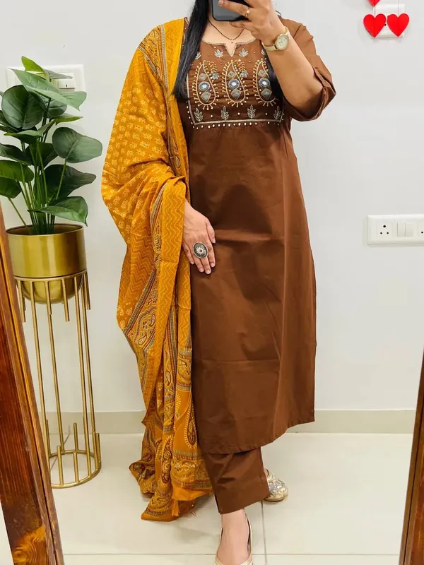 Brown_heavy_embroidery__Kurti_with_Pant_with_cotton
