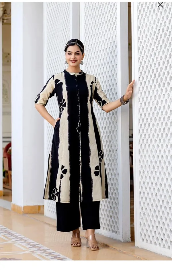 Floral_Print_Cotton_Black_Kurti_Plazo_Set