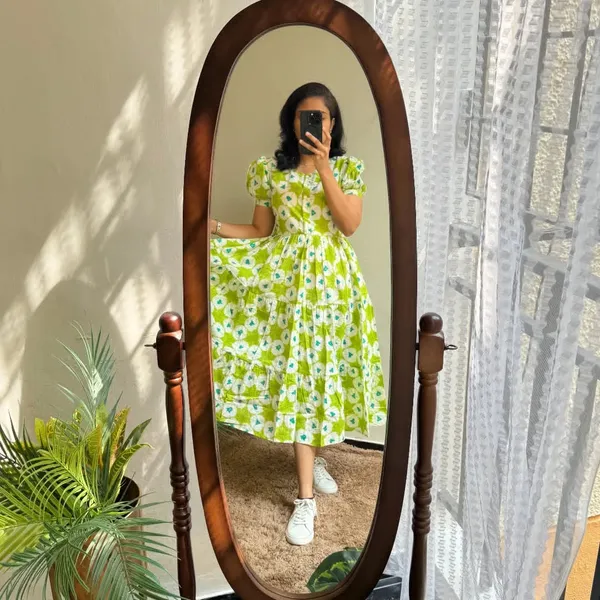 Green_ikkat_print_Cotton_Full_Flair_Middy_Gown!