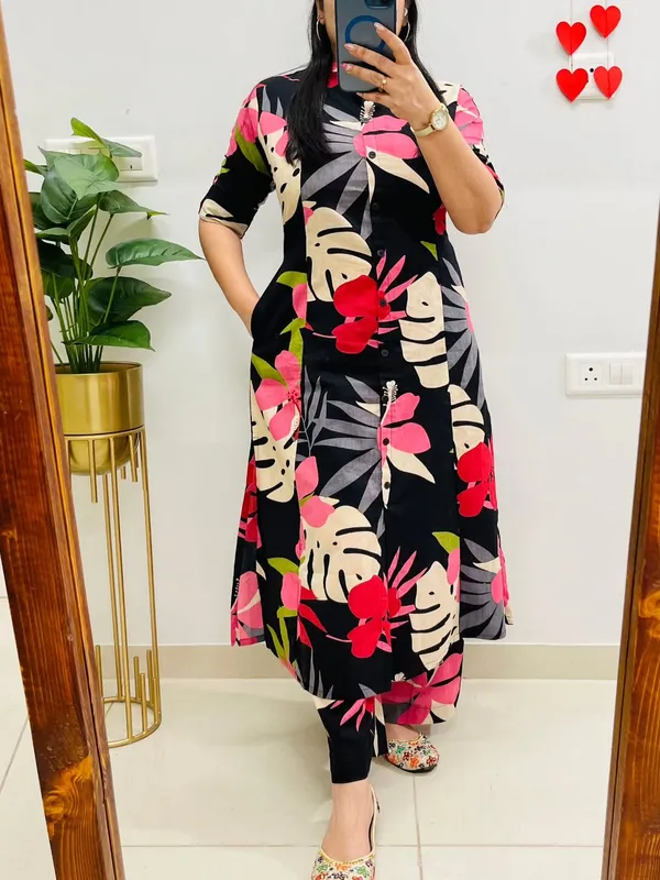 Multiclor_Floral_Cotton_Kurta_Palazzo_Co-Ord_Set_A-Line_Kurta_With_3/4Th_Sleeves_&_Matching_Pants_Summer_Ethnic Wear For Women