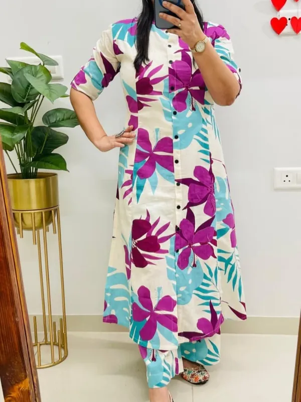 Multicolor__Floral_Cotton_Kurta_Palazzo_Co-Ord_Set_A-Line_Kurta_With_3/4Th_Sleeves_&_Matching_Pants_Summer_Ethnic Wear For Women