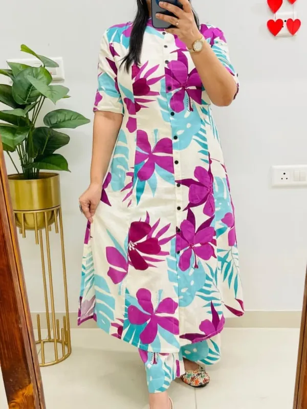 Multicolor__Floral_Cotton_Kurta_Palazzo_Co-Ord_Set_A-Line_Kurta_With_3/4Th_Sleeves_&_Matching_Pants_Summer_Ethnic Wear For Women