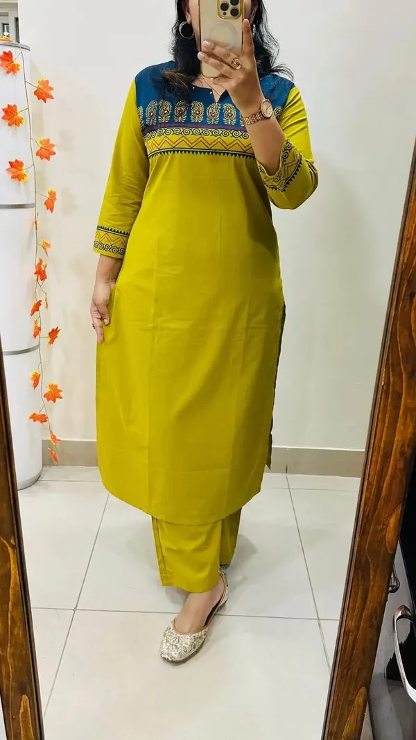 Musturd_yellow_Floral_Cotton_Kurta_Palazzo_Co-Ord_Set_A-Line_Kurta_With_3/4Th_Sleeves_&_Matching_Pants_Summer_Ethnic Wear For Women