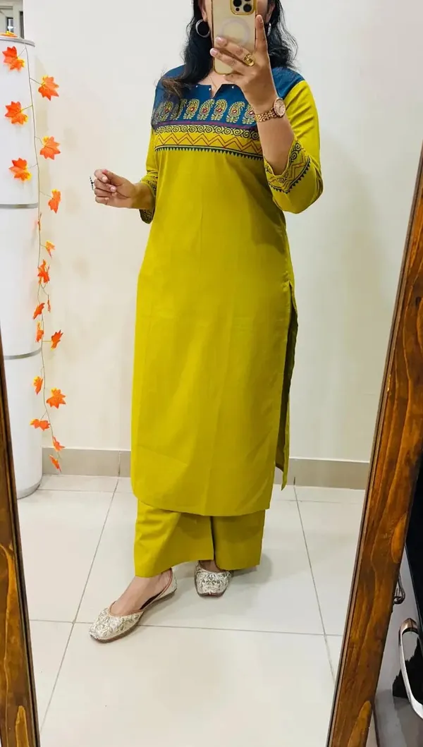 Musturd_yellow_Floral_Cotton_Kurta_Palazzo_Co-Ord_Set_A-Line_Kurta_With_3/4Th_Sleeves_&_Matching_Pants_Summer_Ethnic Wear For Women