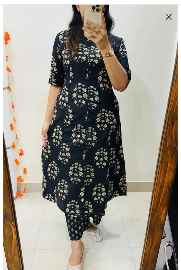 Printed_Black_Cotton_Kurti_Plazo_Set