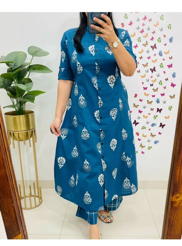 Printed_Blue_Cotton_Kurti_Plazo_Set