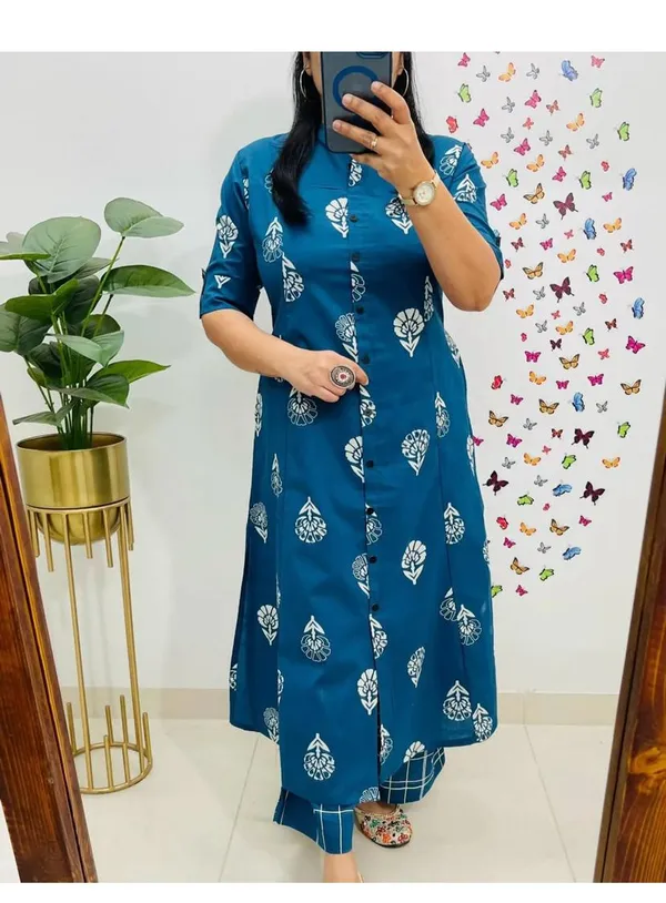 Printed_Blue_Cotton_Kurti_Plazo_Set