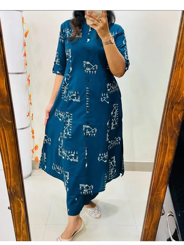 Printed_Blue_Cotton_Kurti_Plazo_Set