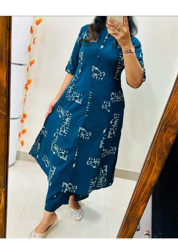 Printed_Blue_Cotton_Kurti_Plazo_Set