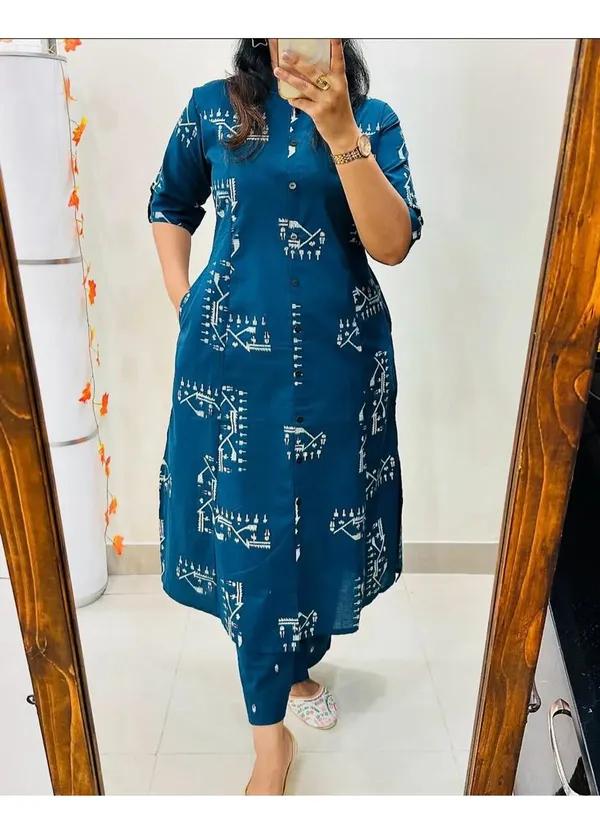 Printed_Blue_Cotton_Kurti_Plazo_Set