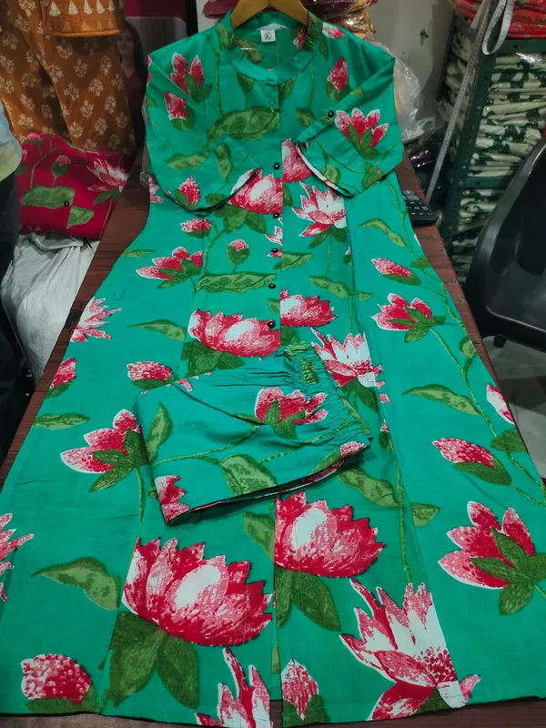Printed_Cotton_Green_Kurti_Plazo_Set