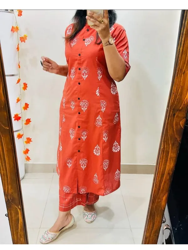 Printed_Orange_Cotton_Kurti_Plazo_Set