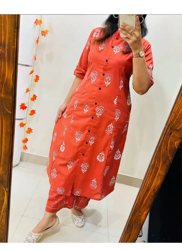 Printed_Orange_Cotton_Kurti_Plazo_Set