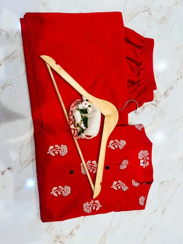 Red_Floral_Cotton_Kurta_Palazzo_Co-Ord_Set_A-Line_Kurta_With_3/4Th_Sleeves_&_Matching_Pants_Summer_Ethnic Wear For Women