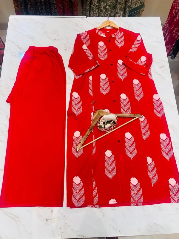 Red_Floral_Cotton_Kurta_Palazzo_Co-Ord_Set_A-Line_Kurta_With_3/4Th_Sleeves_&_Matching_Pants_Summer_Ethnic Wear For Women