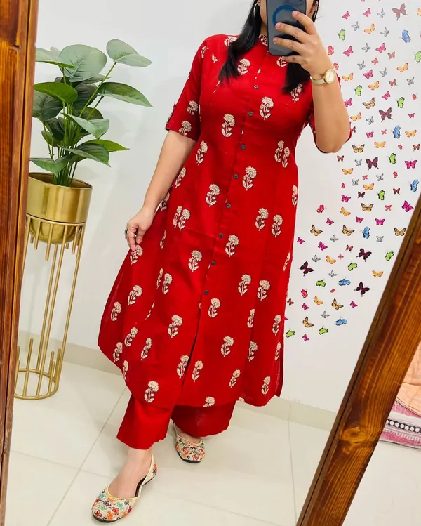 Red_Floral_Cotton_Kurta_Palazzo_Co-Ord_Set_A-Line_Kurta_With_3/4Th_Sleeves_&_Matching_Pants_Summer_Ethnic Wear For Women