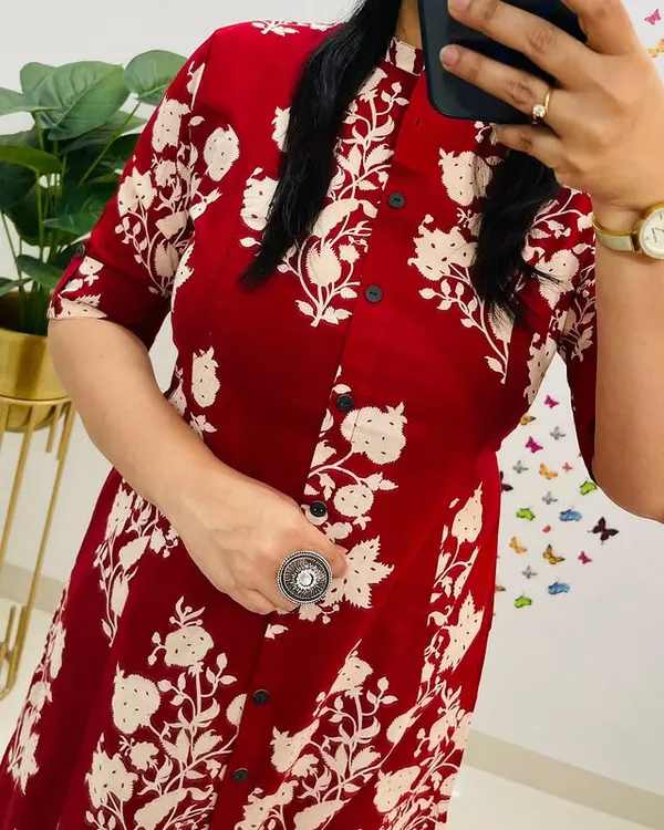 Red_Floral_Cotton_Kurta_Palazzo_Co-Ord_Set_A-Line_Kurta_With_3/4Th_Sleeves_&_Matching_Pants_Summer_Ethnic Wear For Women