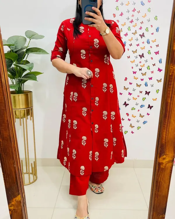 Red_Floral_Cotton_Kurta_Palazzo_Co-Ord_Set_A-Line_Kurta_With_3/4Th_Sleeves_&_Matching_Pants_Summer_Ethnic Wear For Women