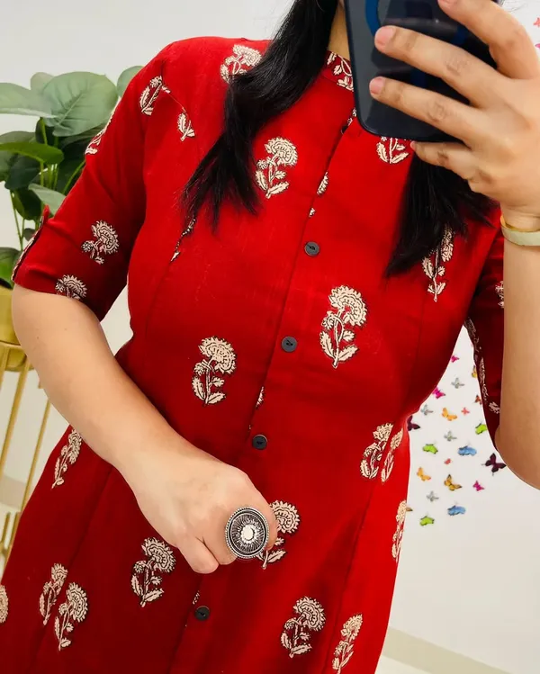Red_Floral_Cotton_Kurta_Palazzo_Co-Ord_Set_A-Line_Kurta_With_3/4Th_Sleeves_&_Matching_Pants_Summer_Ethnic Wear For Women