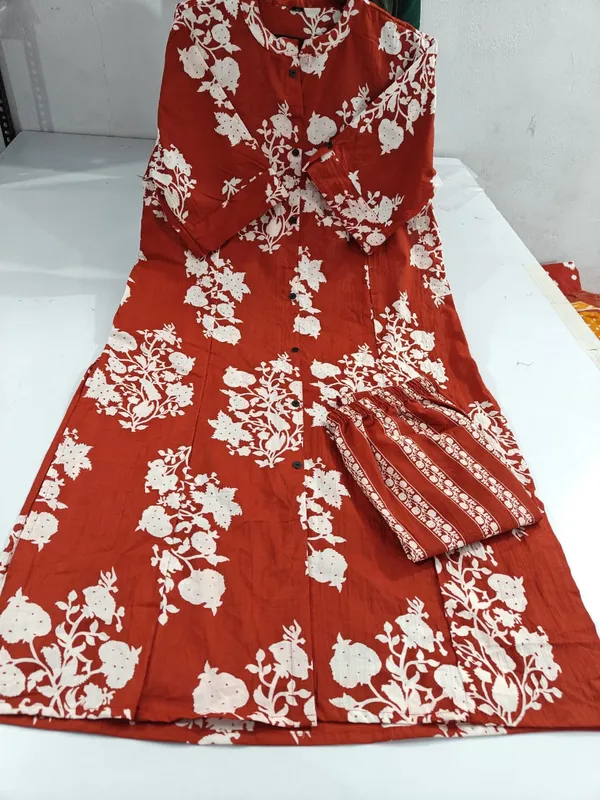 Red_Floral_Cotton_Kurta_Palazzo_Co-Ord_Set_A-Line_Kurta_With_3/4Th_Sleeves_&_Matching_Pants_Summer_Ethnic Wear For Women