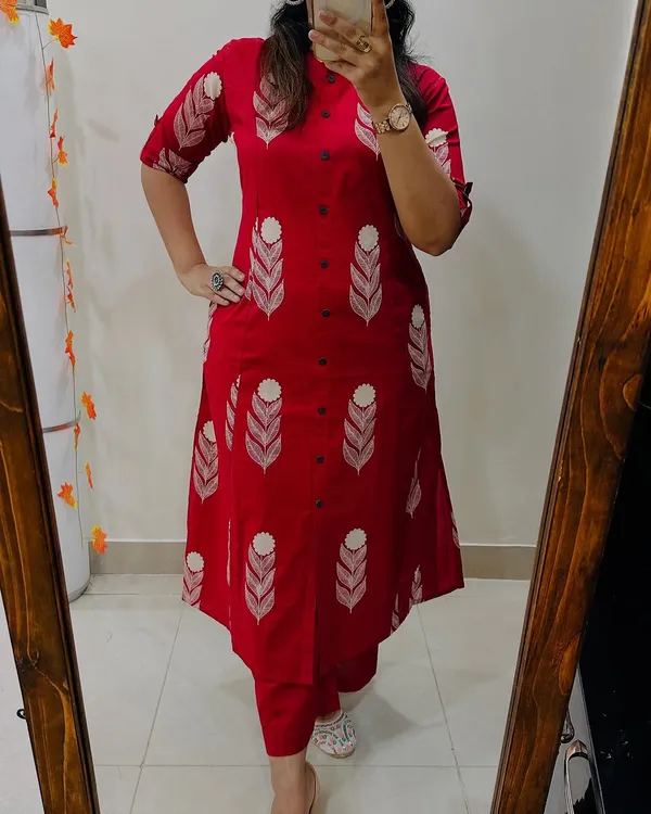 Red_Floral_Cotton_Kurta_Palazzo_Co-Ord_Set_A-Line_Kurta_With_3/4Th_Sleeves_&_Matching_Pants_Summer_Ethnic Wear For Women
