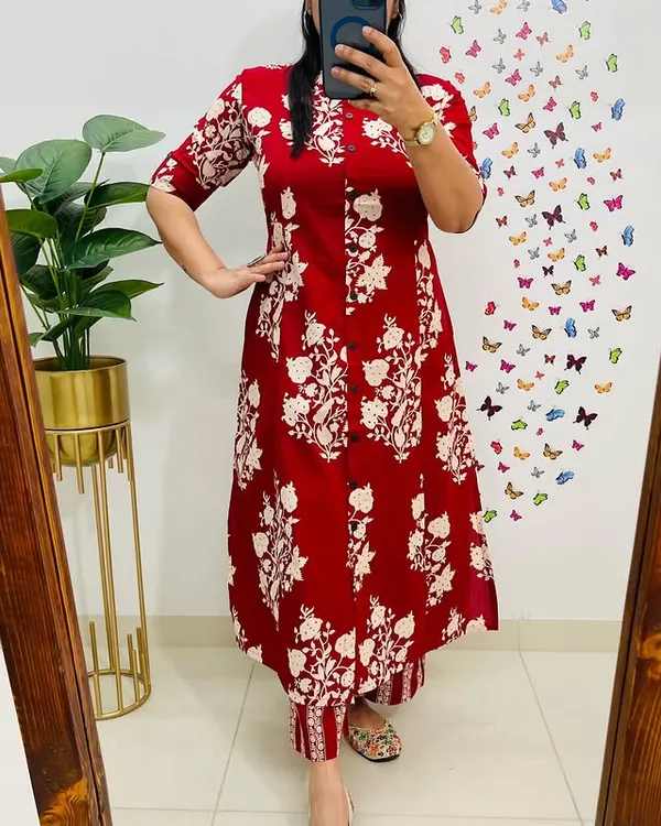 Red_Floral_Cotton_Kurta_Palazzo_Co-Ord_Set_A-Line_Kurta_With_3/4Th_Sleeves_&_Matching_Pants_Summer_Ethnic Wear For Women