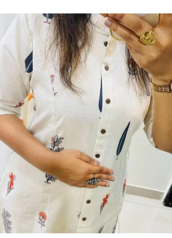 White_Suit_Rayon_Kurta_And_Pant_Co-Ord_Set_With_Floral_Printed_Mandarin_Collar_Neck_Down_Button_Half_Sleeve_A_Line_Calf_Length_Side_Pocket_For_Women