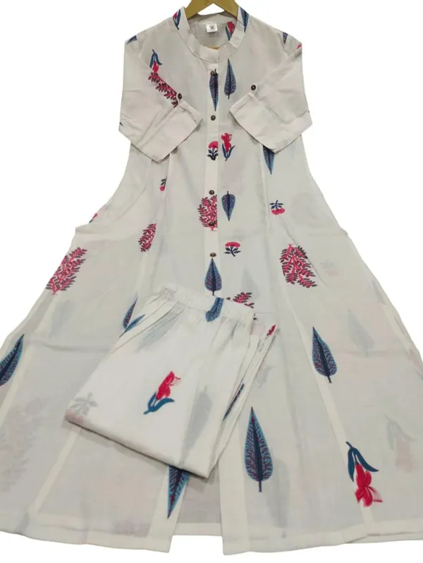 White_Suit_Rayon_Kurta_And_Pant_Co-Ord_Set_With_Floral_Printed_Mandarin_Collar_Neck_Down_Button_Half_Sleeve_A_Line_Calf_Length_Side_Pocket_For_Women
