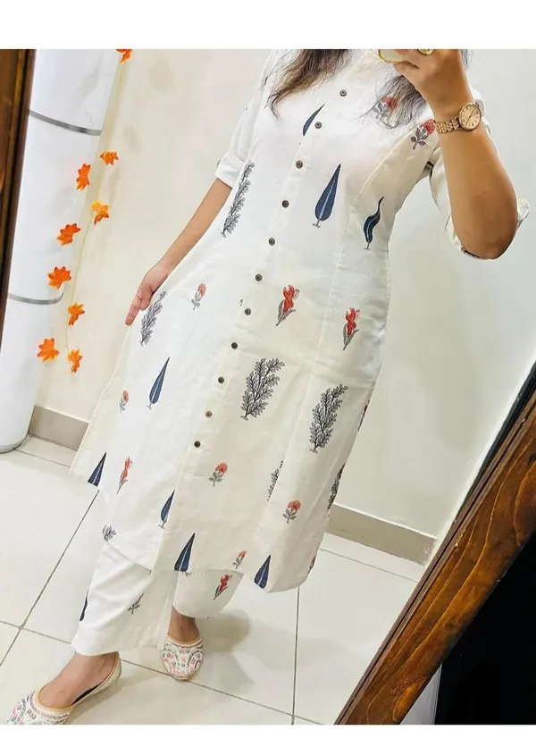 White_Suit_Rayon_Kurta_And_Pant_Co-Ord_Set_With_Floral_Printed_Mandarin_Collar_Neck_Down_Button_Half_Sleeve_A_Line_Calf_Length_Side_Pocket_For_Women