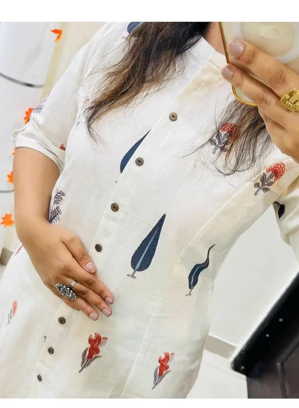 White_Suit_Rayon_Kurta_And_Pant_Co-Ord_Set_With_Floral_Printed_Mandarin_Collar_Neck_Down_Button_Half_Sleeve_A_Line_Calf_Length_Side_Pocket_For_Women