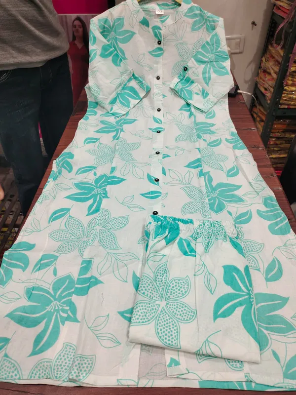 Sky_Blue_flower_Sky_Floral_Cotton_Kurta_Palazzo_Co-Ord_Set_A-Line_Kurta_With_3/4Th_Sleeves_&_Matching_Pants_Summer_Ethnic Wear For Women