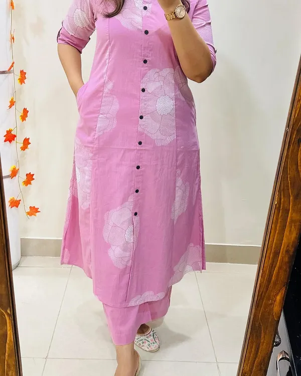 White_&_Pink_Floral_Cotton_Kurta_Palazzo_Co-Ord_Set_A-Line_Kurta_With_3/4Th_Sleeves_&_Matching_Pants_Summer_Ethnic Wear For Women